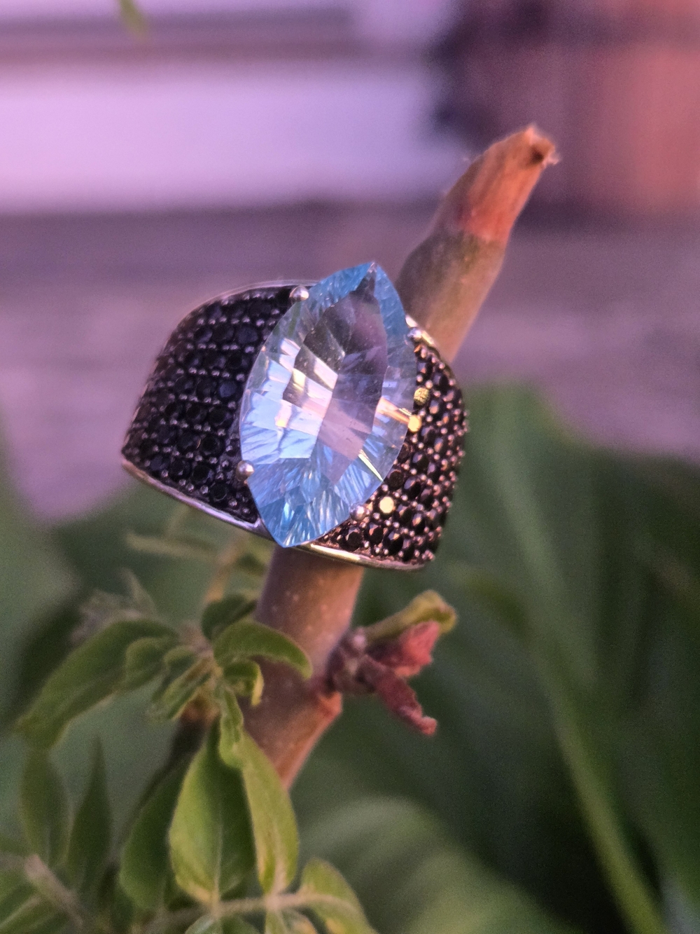 Large MARQUISE TOPAZ w/BLACK SPINEL Band RING Sterling Silver .925
